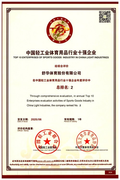 恭贺米兰体育官方网站体育代理的品牌-舒华荣获"中国轻工业体育用品行业十强企业"